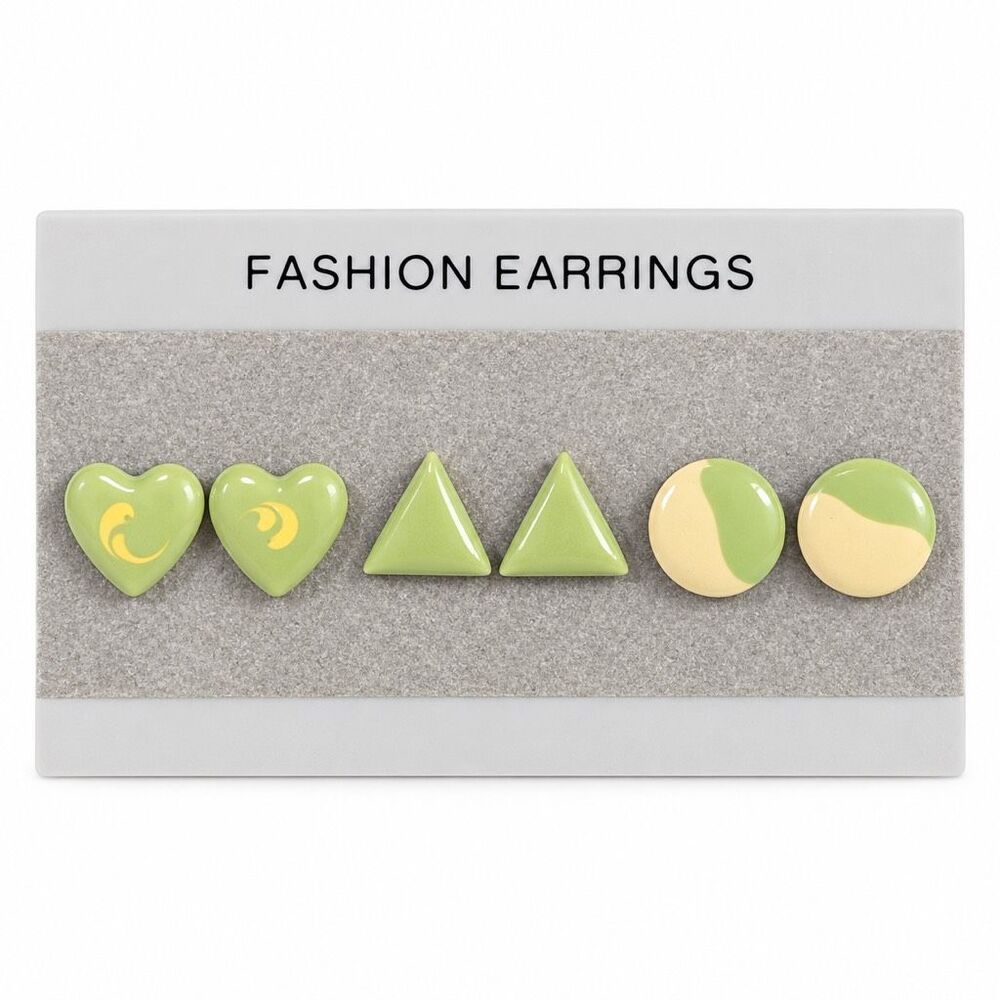 Vintage Painted Metal Stud Earring Set Hearts Triangles Circles Green Cream New